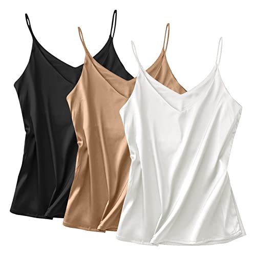 Miqieer Basic 3er-Pack Damen Seide Tank Top Damen V-Ausschnitt Camisole Seidig Lose Ärmellose Bluse Tank Shirt mit weichem Satin, 3er-Pack: Weiß + Schwarz + Khaki, XX-Large von Miqieer