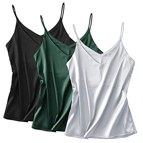 Miqieer Basic 3er Pack Damen Seide Tank Top Damen V-Ausschnitt Camisole Silky Lose Ärmellos Bluse Tank Shirt mit weichem Satin, 3er-Pack: dunkelgrün + schwarz + grau, 3X-Groß von Miqieer