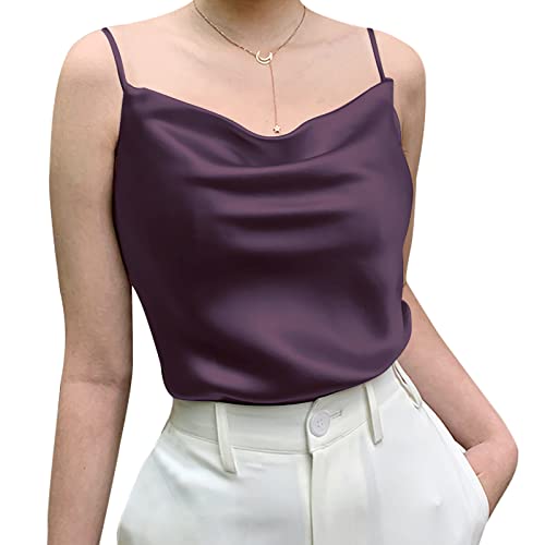 Miqieer Basic Damen Seide Tank Top Damen V-Ausschnitt Camisole Seidig Lose Ärmellose Bluse Satin Tank Shirt, Cowl Neck Violett, Klein von Miqieer