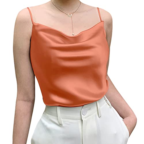 Miqieer Basic Damen Seide Tank Top Damen V-Ausschnitt Camisole Seidig Lose Ärmellose Bluse Satin Tank Shirt, Wasserfallkragen, Orange, Groß von Miqieer