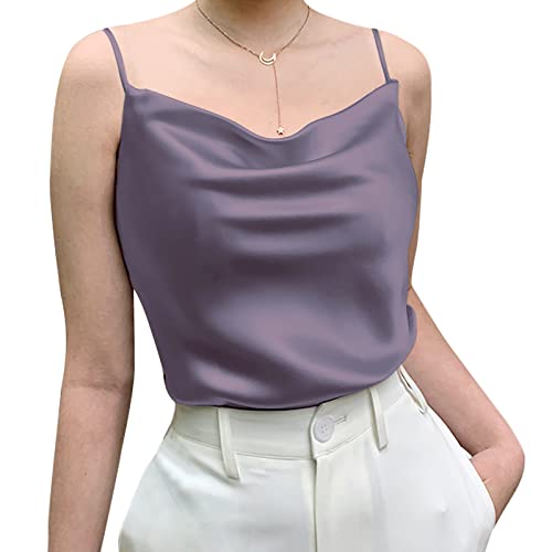 Miqieer Basic Damen Seide Tank Top Damen V-Ausschnitt Camisole Seidig Lose Ärmellose Bluse Satin Tank Shirt, Wasserfallkragen, Violett / Grau, 3X-Groß von Miqieer