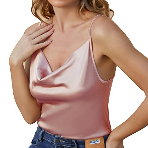 Miqieer Basic Damen Seide Tank Top Damen V-Ausschnitt Camisole Silky Lose Ärmellos Bluse Satin Tank Shirt - - Groß von Miqieer