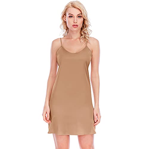 Miqieer Damen Langes seidiges Tank Top Verstellbarer Spaghettiträger Camisole Slip Kleid, O Neck-khaki, Mittel von Miqieer