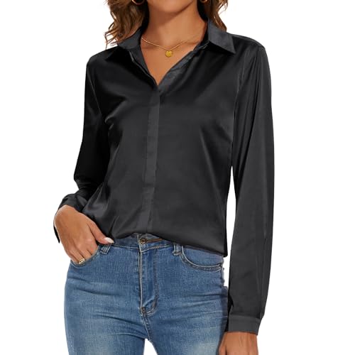 Miqieer Damen Seide Bluse Langarm Lady Shirt Casual Büro Arbeit Bluse Hemd Tops - Schwarz - Groß von Miqieer