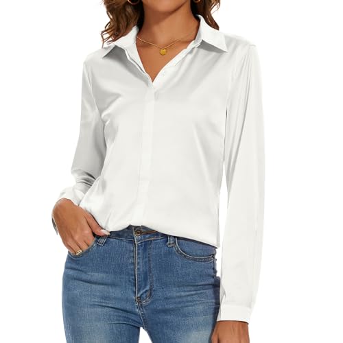 Miqieer Damen Seide Bluse Langarm Lady Shirt Casual Büro Arbeit Bluse Hemd Tops - Weiß - Klein von Miqieer