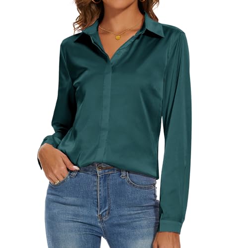 Miqieer Damen Seidenbluse Langarm Damen Hemd Casual Büro Arbeit Bluse Shirt Tops, Dunkelcyan, Groß von Miqieer