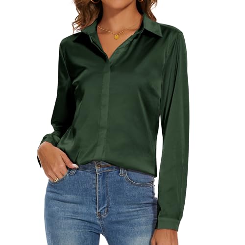 Miqieer Damen Seidenbluse Langarm Damen Hemd Casual Büro Arbeit Bluse Shirt Tops, Grün , Mittel von Miqieer