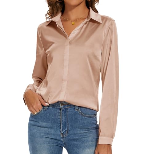 Miqieer Damen Seidenbluse Langarm Damen Hemd Casual Büro Arbeit Bluse Shirt Tops, Hellkamel, Groß von Miqieer