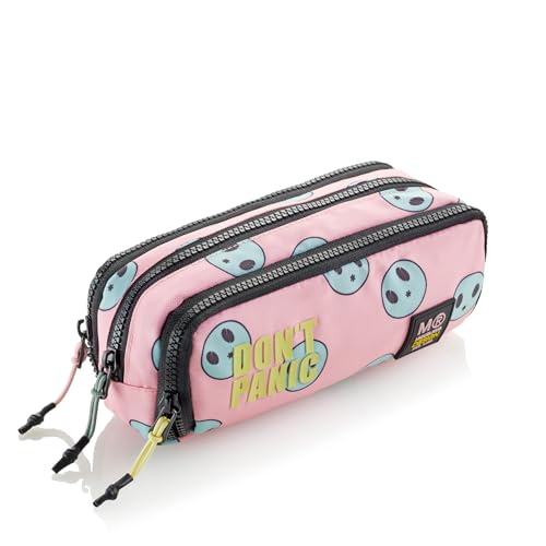 Miquelrius - Federmäppchen mit DREI Fächern, Organizer für die Schule, Reißverschlüsse aus robustem Kunststoff, Metallgriffe, Federmäppchen, 210 x 90 x 70 mm, Don't Panic, Rosa, 210 x 90 x 70 mm, von Miquelrius