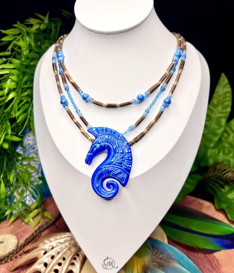 Equine Of Pandora - Handsculpted Amulet On Multistrand Necklace With Wooden Beads Ooak von MiraCrafts