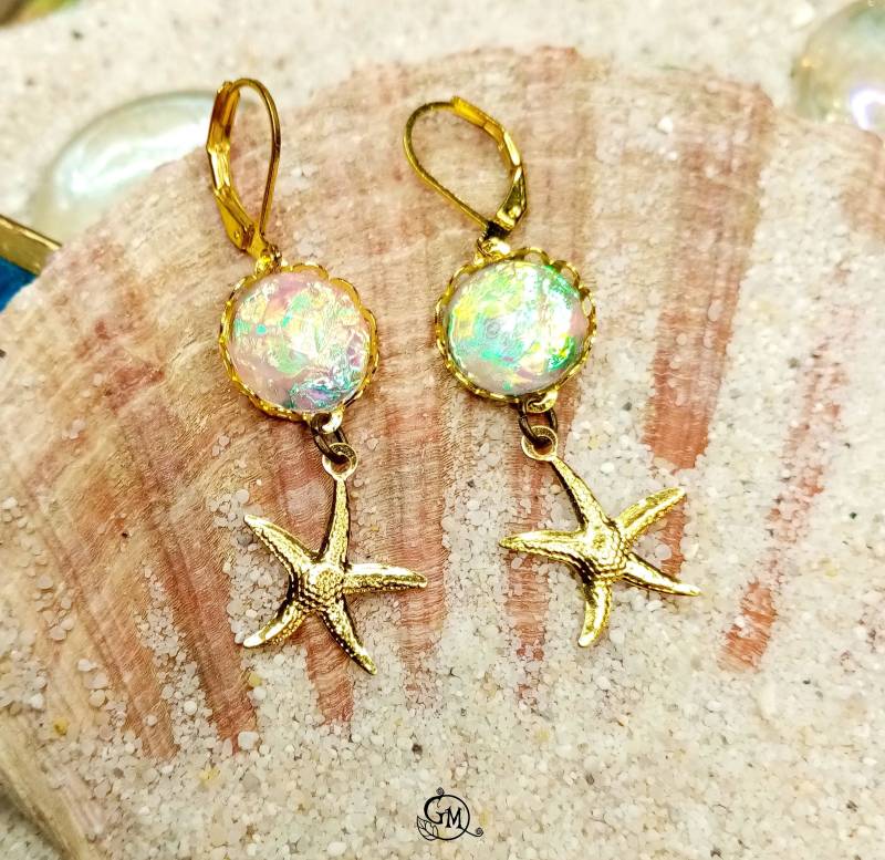 Golden Opal Starfish - Handmade Earrings Ooak Ready To Ship von MiraCrafts