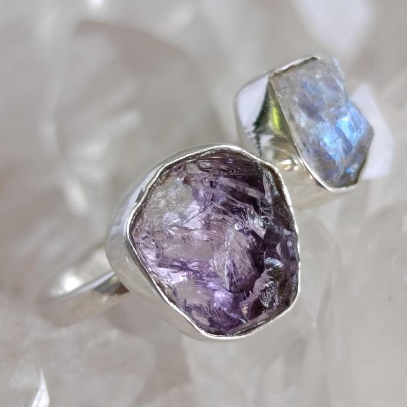 Amethyst & Mondstein Rohstein Heilstein Ring 925 Sterlingsilber Größe 56 R2059 Amethyst & Mondstein Rohstein Heilstein Ring 925 Sterlingsilber Größe 56 R2059 von MiraGemsShop