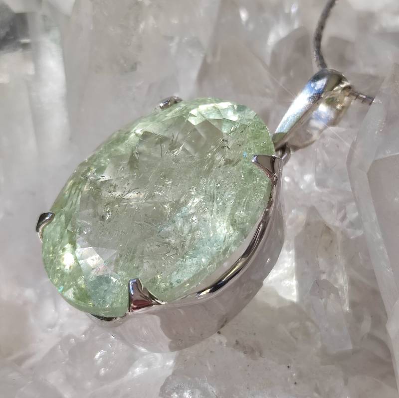 Aquamarin Grün Heilstein Anhänger Facettiert 925 Sterlingsilber Handarbeit A1330 von MiraGemsShop