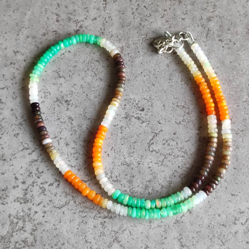 Opal Rondell Kette Collier Äthiopien Multicolor 925 Sterlingsilber Handarbeit Unikat K566 von MiraGemsShop