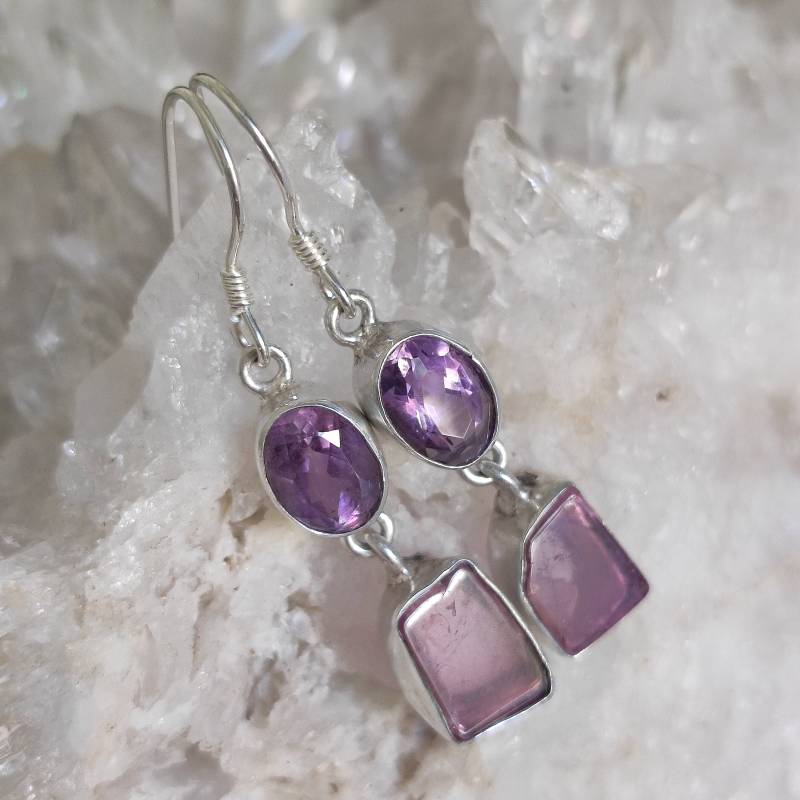 Turmalin & Amethyst Heilstein Ohrringe 925 Sterlingsilber Handarbeit Unikat O848 von MiraGemsShop