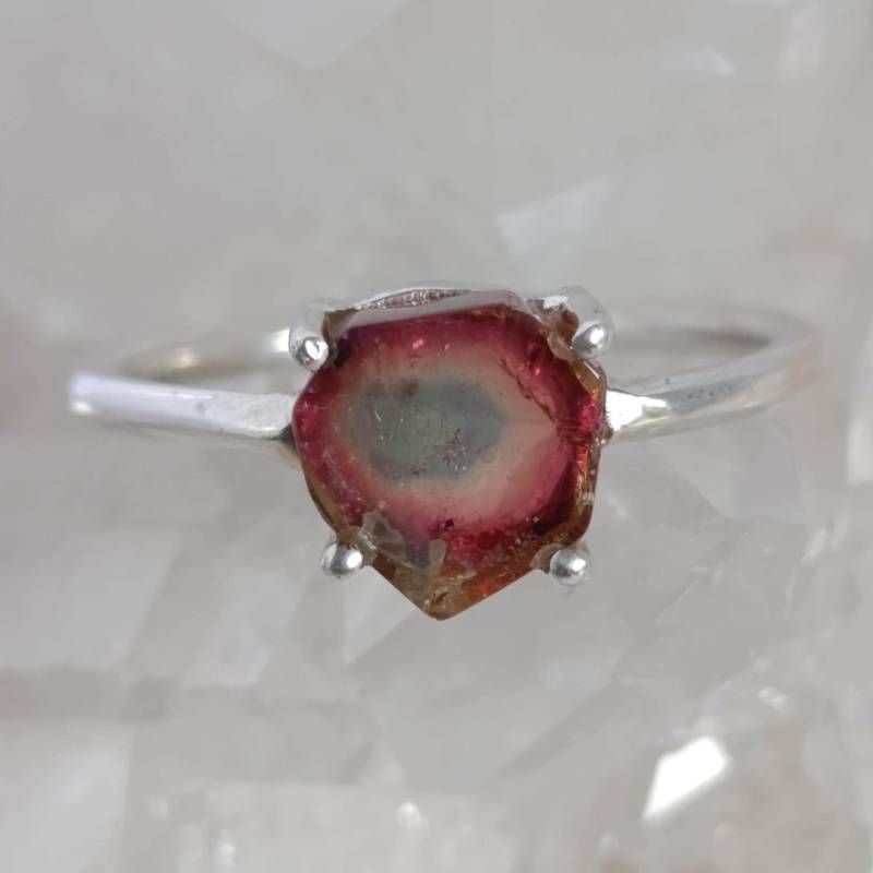 Wassermelonen Turmalin Scheibe Ring 925 Sterlingsilber Größe 54 Handarbeit R2096 von MiraGemsShop