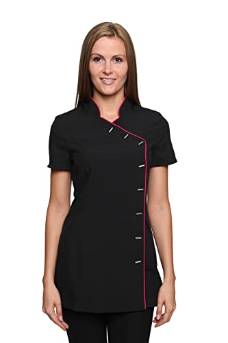 Iris Tunika oder Uniform mit Mandarin-Kragen als Arbeitsbekleidung für Friseure, Kosmetiker, Nageldesigner, Therapeuten, Masseure Gr. 28, black with hot pink trim von Mirabella Health and Beauty Clothing