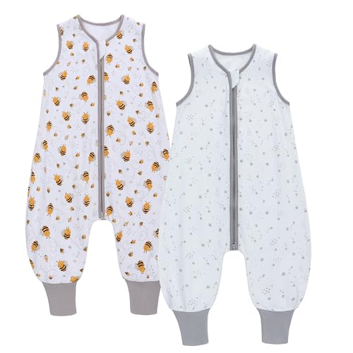 2er Pack Baby Schlafsack Sommer mit Füßen 0.5 Tog 100% Baumwolle Kinder Sommerschlafsack für Jungen und Mädchen (Biene + Stern, XL/105-115CM) von Miracle Baby
