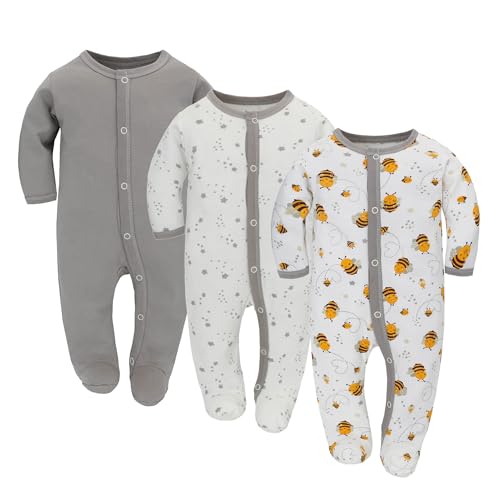 3PCS Baby Schlafstrampler Babychlafanzug Babyschlafsack Baumwolle mit Füßen mit knöpfen Gr. 56 62 68 für Junge Mädchen Neugborenen (Biene, 62) von Miracle Baby