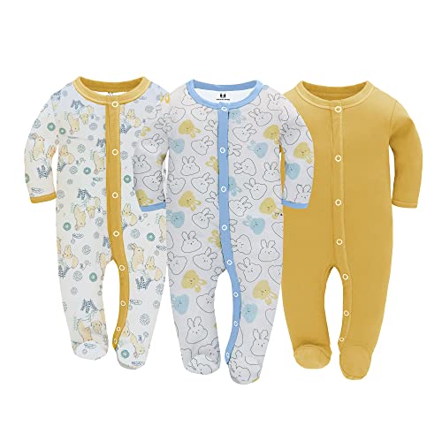 3PCS Baby Schlafstrampler Babychlafanzug Babyschlafsack Baumwolle mit Füßen mit knöpfen Gr. 56 62 68 für Junge Mädchen Neugborenen (Gelb, 62#) von Miracle Baby
