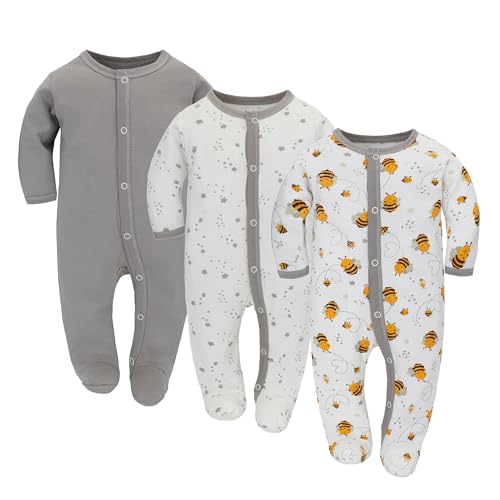 3PCS Baby Schlafstrampler Babychlafanzug Babyschlafsack Baumwolle mit Füßen mit knöpfen Gr. 56 62 68 für Junge Mädchen Neugborenen (Grau, 56) von Miracle Baby