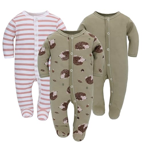 3PCS Baby Schlafstrampler Babychlafanzug Babyschlafsack Baumwolle mit Füßen mit knöpfen Gr. 56 62 68 für Junge Mädchen Neugborenen (Igel, 62) von Miracle Baby