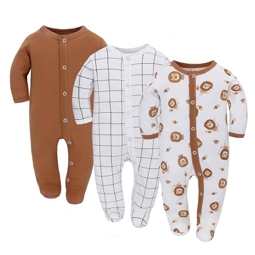 3PCS Baby Schlafstrampler Babychlafanzug Babyschlafsack Baumwolle mit Füßen mit knöpfen Gr. 56 62 68 für Junge Mädchen Neugborenen (Karamellfarbe, 56) von Miracle Baby