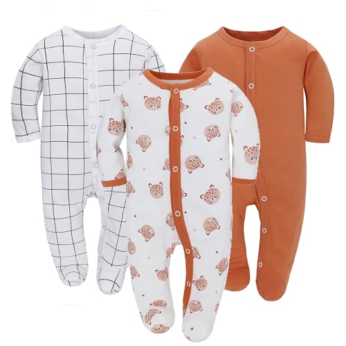 3PCS Baby Schlafstrampler Babychlafanzug Babyschlafsack Baumwolle mit Füßen mit knöpfen Gr. 56 62 68 für Junge Mädchen Neugborenen (Orange, 68) von Miracle Baby