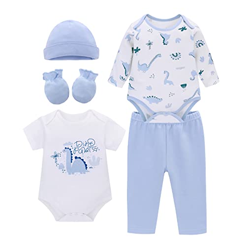 Miracle Baby Kurzarm- und Langarm-Bodysuit für Babys, Hose, Mütze, Fäustlinge, Grußkarte, Geschenkset im 6er-Pack (Dinosaurier, 0-3 months) von Miracle Baby