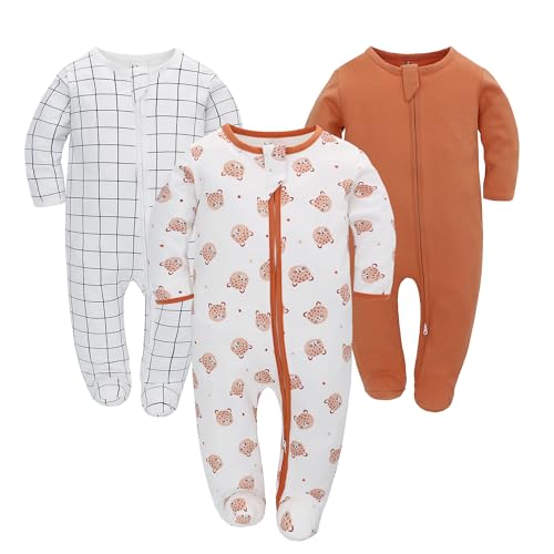 Neugeborenes Baby Jungen Mädchen Strampler mit Fuß Baby Schlafanzug Einteilige Lange Ärmel Overall Säuglings Frühling Herbst Body, 3er-Pack (Orange, 6-9M) von Miracle Baby