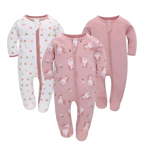 Neugeborenes Baby Jungen Mädchen Strampler mit Fuß Baby Schlafanzug Einteilige Lange Ärmel Overall Säuglings Frühling Herbst Body, 3er-Pack (Rosa, 0-3M) von Miracle Baby