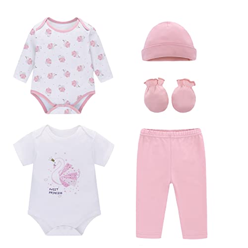 Miracle Baby Kurzarm- und Langarm-Bodysuit für Babys, Hose, Mütze, Fäustlinge, Grußkarte, Geschenkset im 6er-Pack (Schwan, 3-6 months) von Miracle Baby