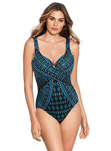 Miraclesuit Damen-Bademode, schlankmachend, Bügel, geformte Körbchen, BH, Bauchkontrolle, einteiliger Badeanzug, Schwarz/Multi, 42 von Miraclesuit