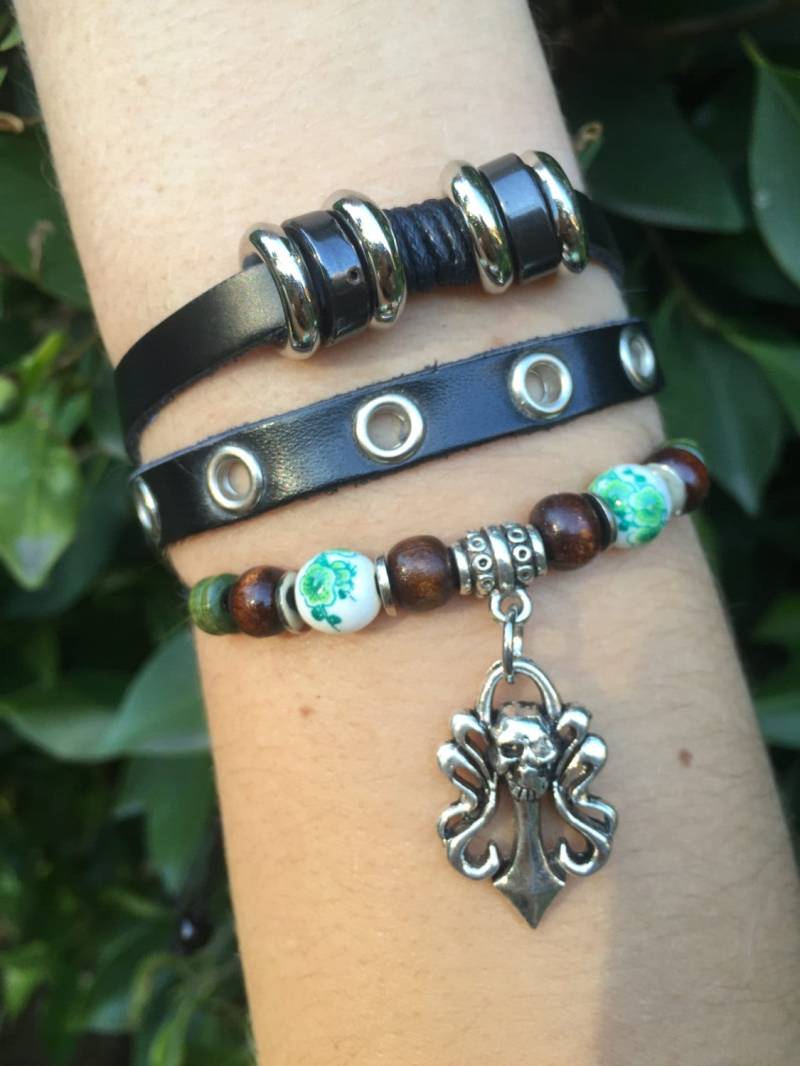 Handgemachtes Skelett Scull Armband - Lederschmuck Mehrschichtiges Freund Geschenk Charm Herren Lederarmband 5Sos von Miracly