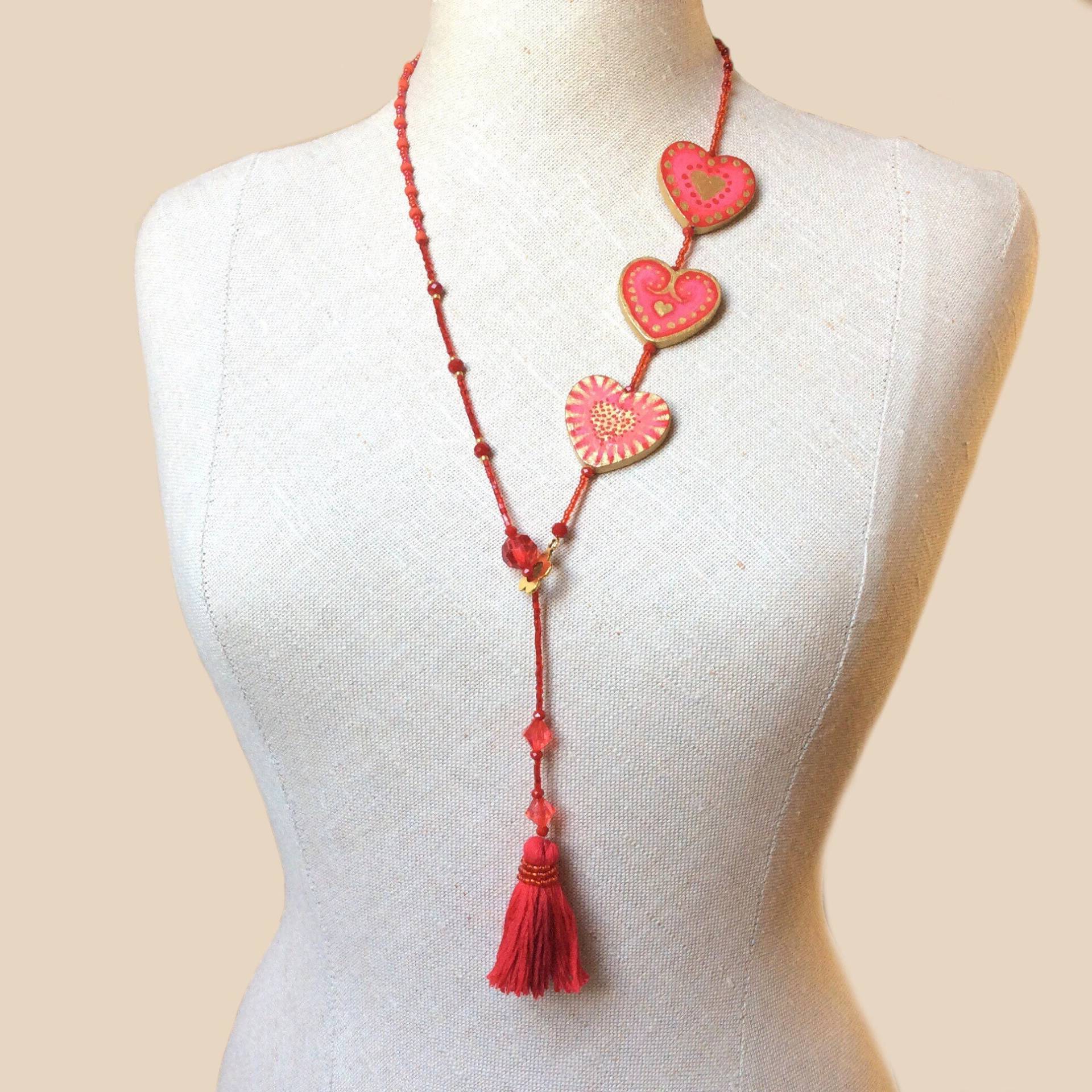 Rote Perlen Herz Halskette Boho Quaste Statement Halskette Rote Perlen Herz Halskette Boho Quaste Statement Halskette von MiracolaBottega