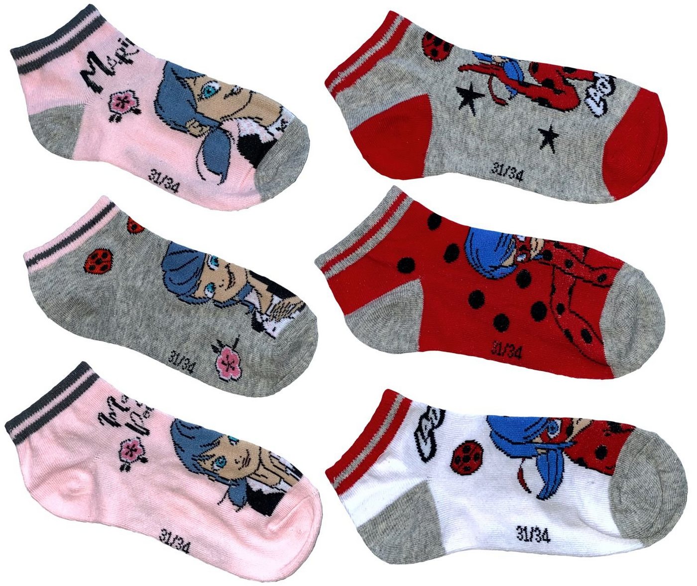 Miraculous - Ladybug Sneakersocken 6x Miraculous Ladybug kurze Mädchensocken Sommer + Frühling Socken Kinder Strümpfe 23/26 27/30 31/34 von Miraculous - Ladybug