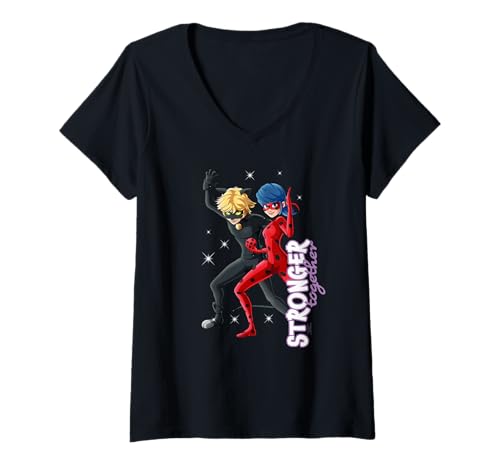 Damen Ladybug Cat Noir Charakter Zusammen stärker T-Shirt mit V-Ausschnitt von Miraculous