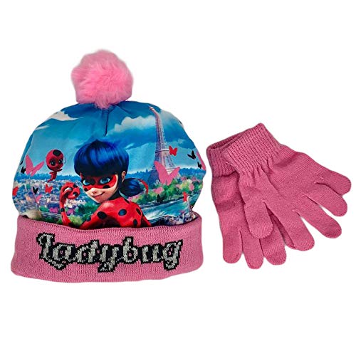 MIRACULOUS Set Hut und Handschuhe Winter Kappe Mädchen Lady Bug 1279 - Rosa, 52 von Miraculous