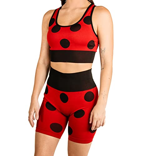 Miraculous MAXXIM Ladybug Damen-Outfit-Sets – aktives Cosplay für Fitnessstudio, Training, Yoga, Laufen, Rot/Schwarz (Sport BH Short Set), Medium von Miraculous