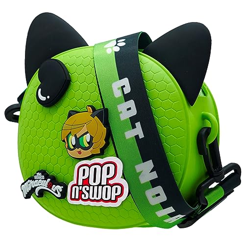 Miraculous Ladybug - Pop n' Swop Ladybug Handtasche für Kinder, mit 4 Clip-on Badges, Griff und Reißverschluss, leichte, langlebige wasserdichte Handtasche (Wyncor) (Grün - Chat Noir) von Miraculous