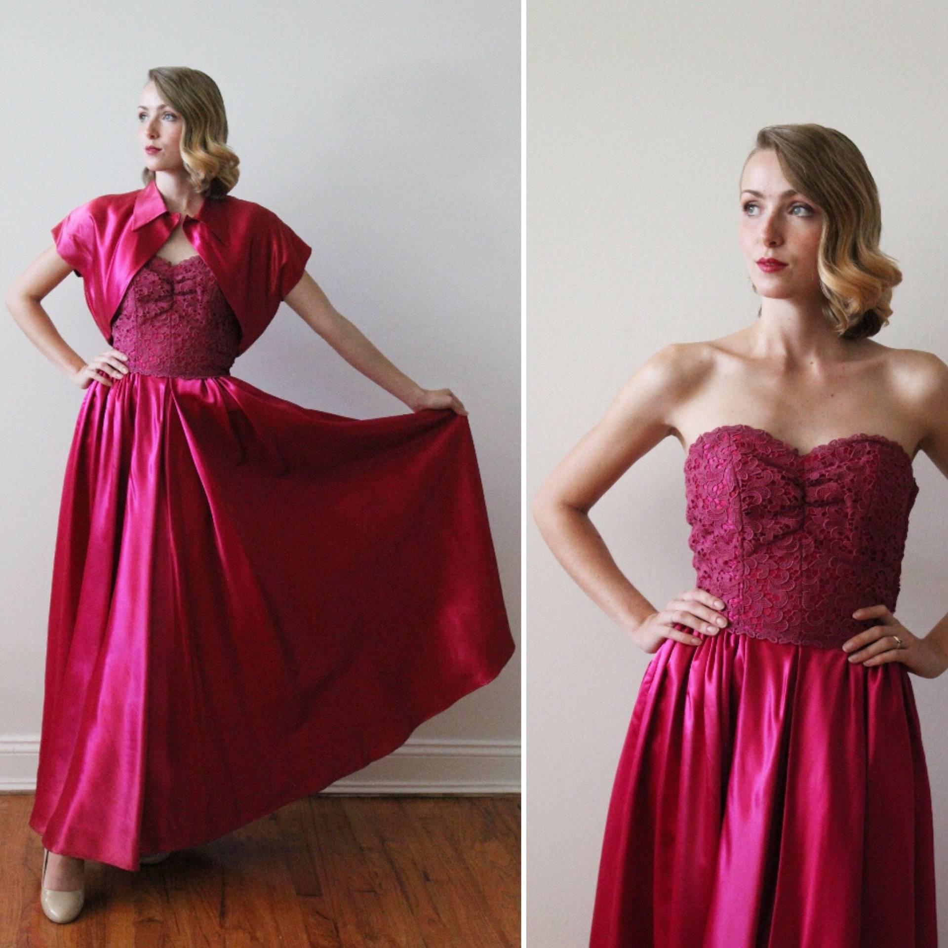 Vintage 1960Er Jahre Magenta Slipper Satin Abendkleid Mit Spitzen Mieder Und Passendem Bolero Vintage 1960Er Jahre Magenta Slipper Satin Abendkleid Mit Spitzen Mieder Und Passendem Bolero von MirandasBridal