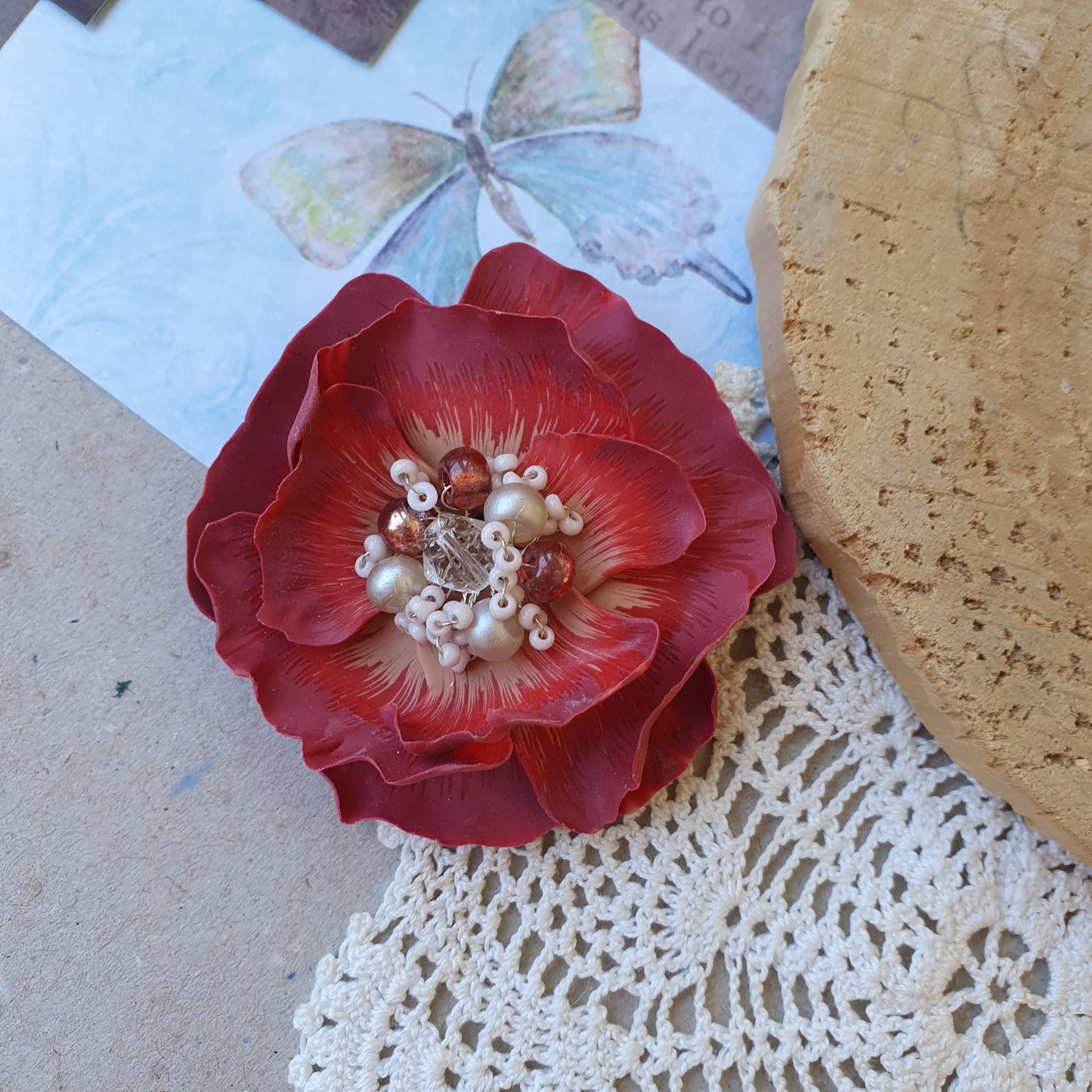 Fantasy Blumen Anstecknadel, Rote Brosche, V 23128 von Miratsu