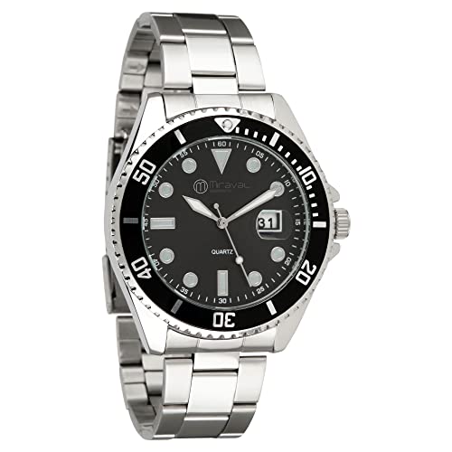 Miraval Herrenarmbanduhr mit Edelstahlarmband 43 mm Datumsanazeige Lupe Japanisches Quarzuhrwerk 21 mm breit Klassich Modern Männer Schwarz (Schwarz) von Miraval