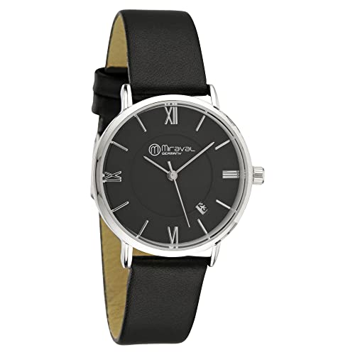 Miraval Moderne Design Damenarmbanduhr mit Datumsanzeige 33 mm Breites Lederarmband 16 mm Quarzuhr Japanisches Quarzuhrwerk Großes Zifferblatt Damenuhr Frauen Extra Dünn von Miraval