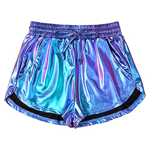 Damen Metallic Shorts Yoga Glänzend Funkeln Hot Kordelzug Outfit Kurze Hosen, Meerjungfrau, Mittel von Mirawise