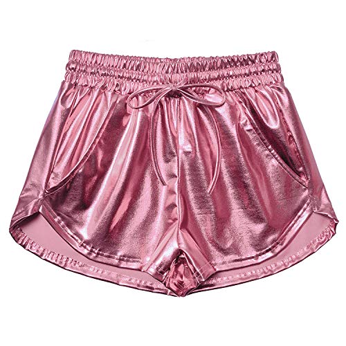 Damen Metallic Shorts Yoga Shiny Sparkly Hot Kordelzug Outfit Kurze Hose - Pink - Klein von Mirawise