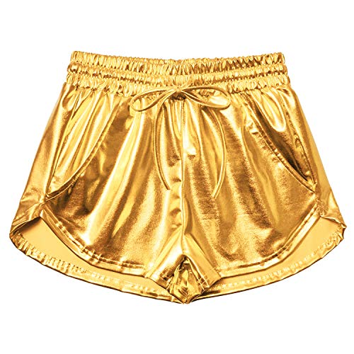 Damen Metallic-Shorts Yoga glänzend glitzernd Hot Drawstring Outfit kurze Hose, Gold 2, Mittel von Mirawise