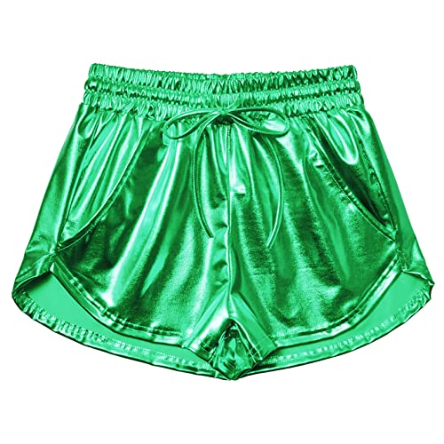 Mirawise Damen Metallic Shorts Yoga Glänzend Funkeln Hot Kordelzug Outfit Kurze Hosen, Dunkelgrün, L von Mirawise