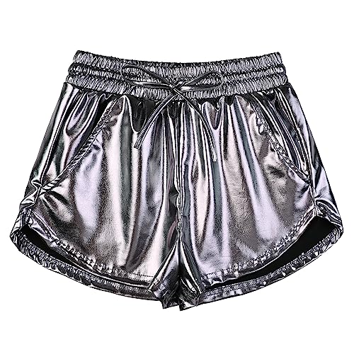 Mirawise Damen Metallic Shorts Yoga Glänzend Funkeln Hot Kordelzug Outfit Kurze Hosen, Grau-3, XS von Mirawise