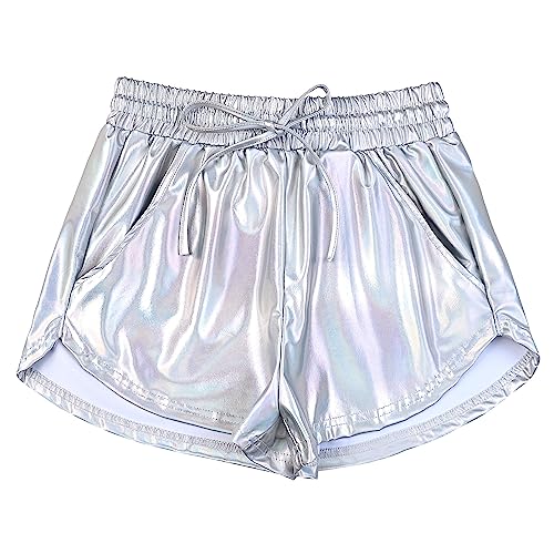 Mirawise Damen Metallic Shorts Yoga Glänzend Funkeln Hot Kordelzug Outfit Kurze Hosen, Metallic-Farbe, S von Mirawise